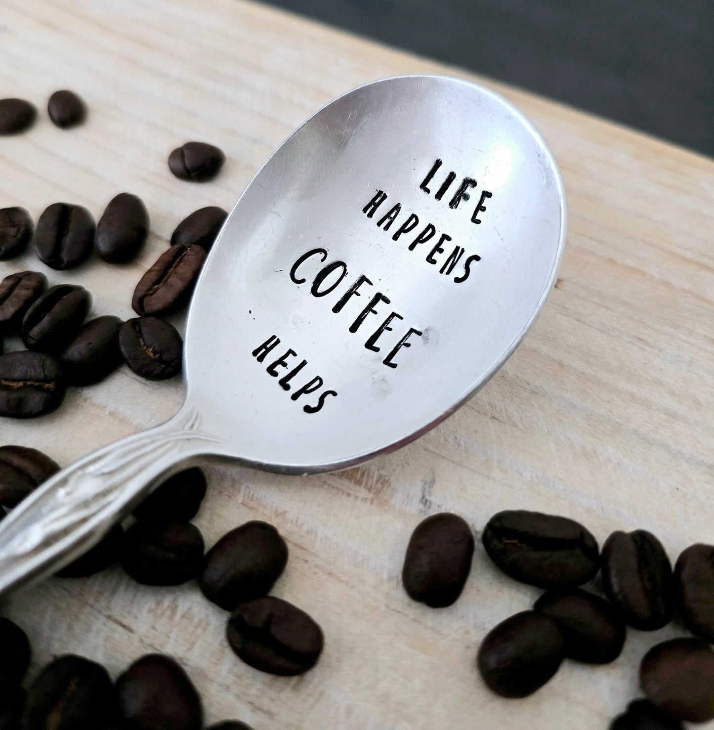 Life Happens Coffee Helps - Vintage Personalized Stamped Spoon | Wandering Tulips