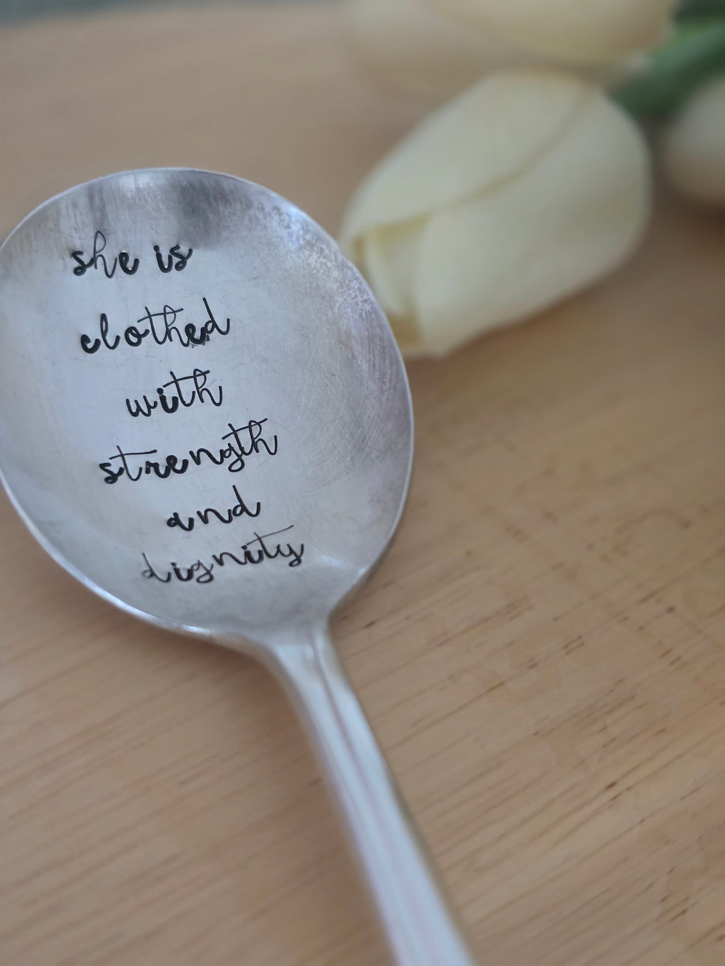 She Is Clothed In Strength And Dignity - Vintage Personalized Stamped Spoon | Wandering Tulips