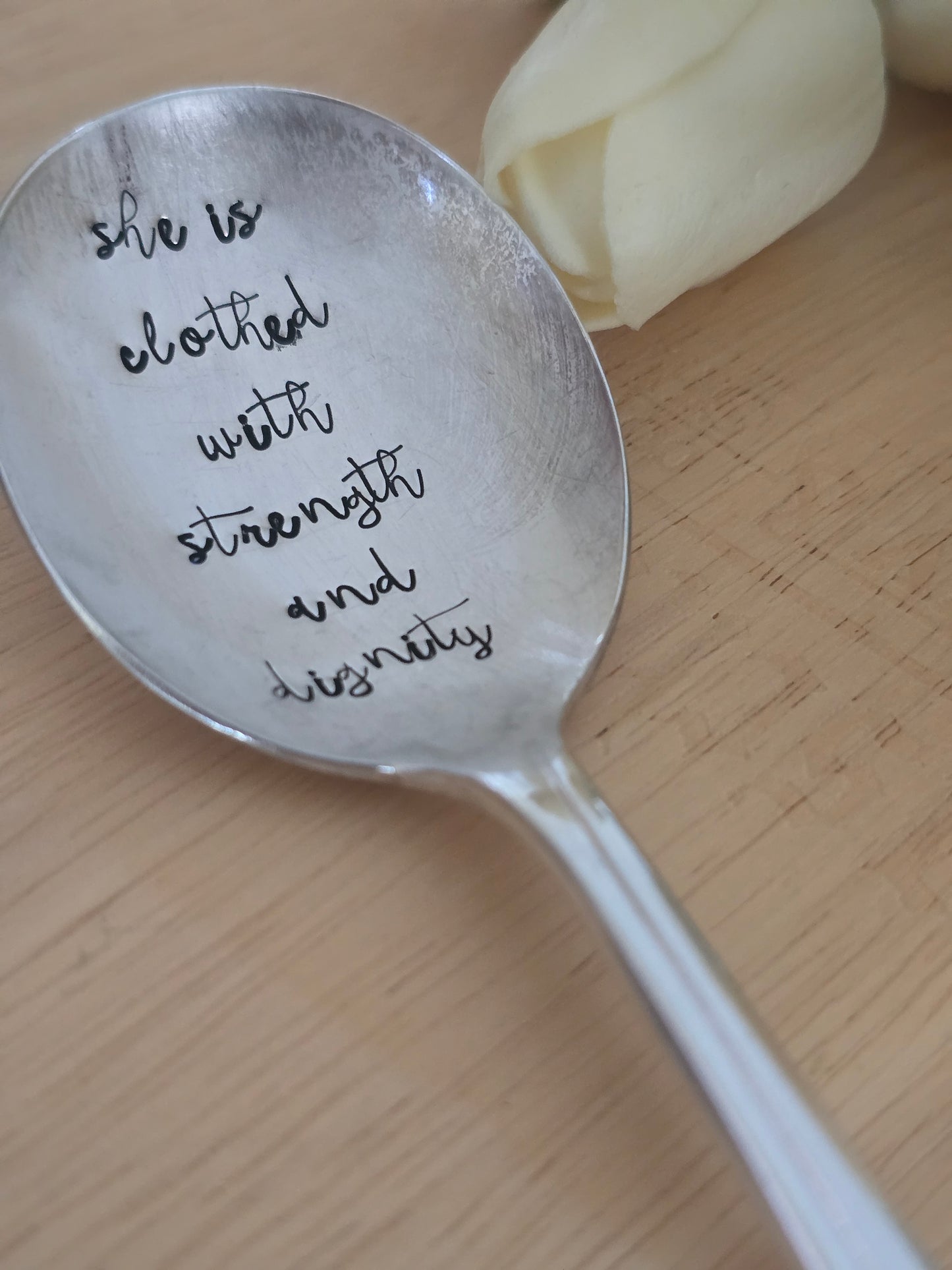 She Is Clothed In Strength And Dignity - Vintage Personalized Stamped Spoon | Wandering Tulips