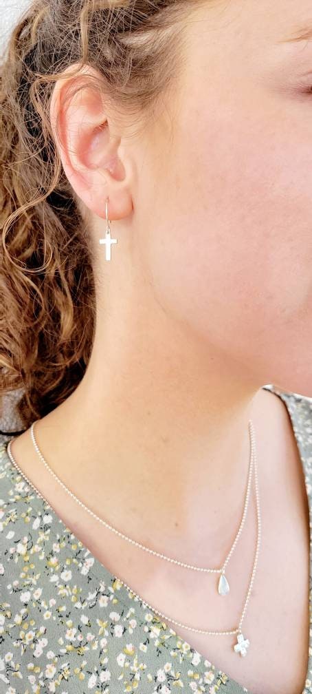 Dainty Hoop With Sterling Silver Cross,gift for mothers day,gift for wife,elegant earrings,cross earrings,dainty earrings for daughter,chilc