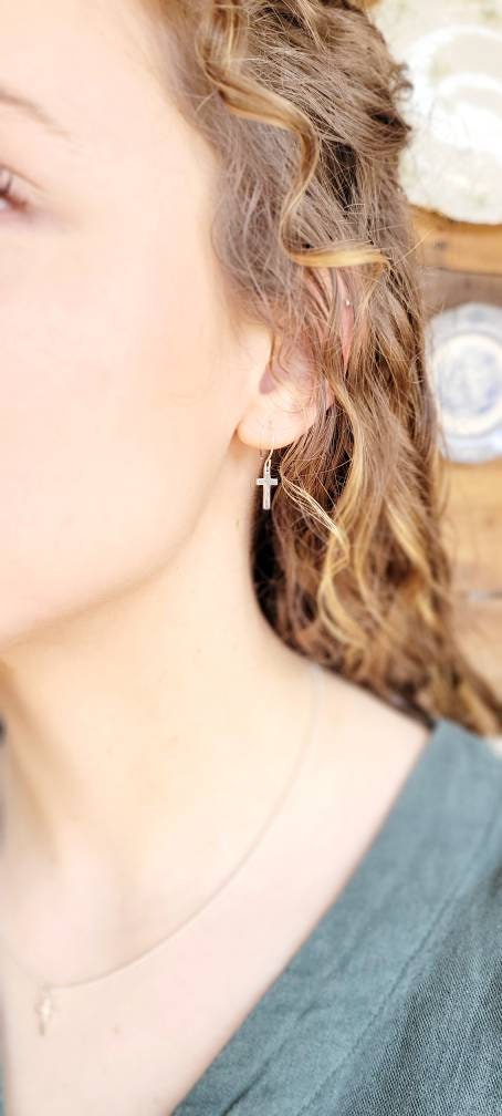 Dainty Hoop With Sterling Silver Cross,gift for mothers day,gift for wife,elegant earrings,cross earrings,dainty earrings for daughter,chilc