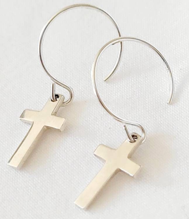 Dainty Hoop With Sterling Silver Cross,gift for mothers day,gift for wife,elegant earrings,cross earrings,dainty earrings for daughter,chilc