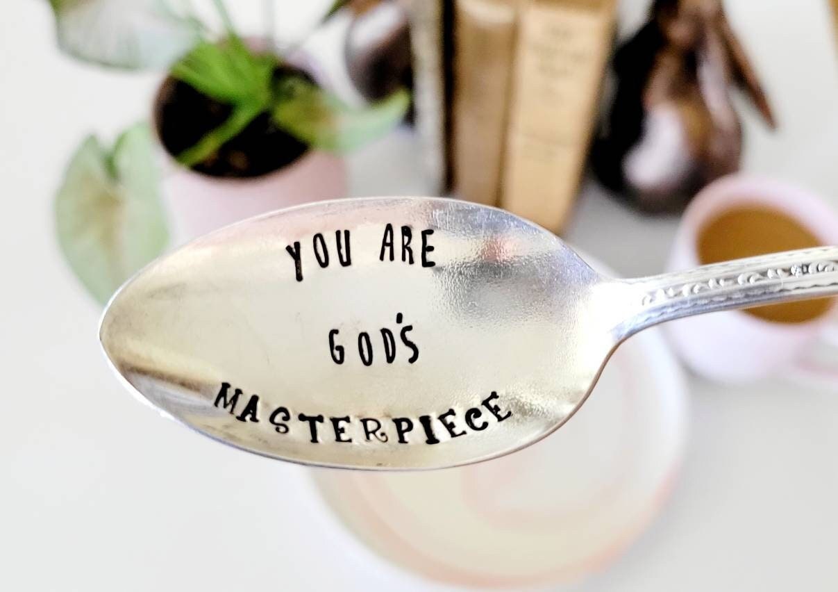 You are God's masterpiece hand stamped vintage silver plated teaspoon,faith based gift,gift for coffee lover,gift for tea lover,tea gift,coffee gift,gift for daughter,gift for teacher