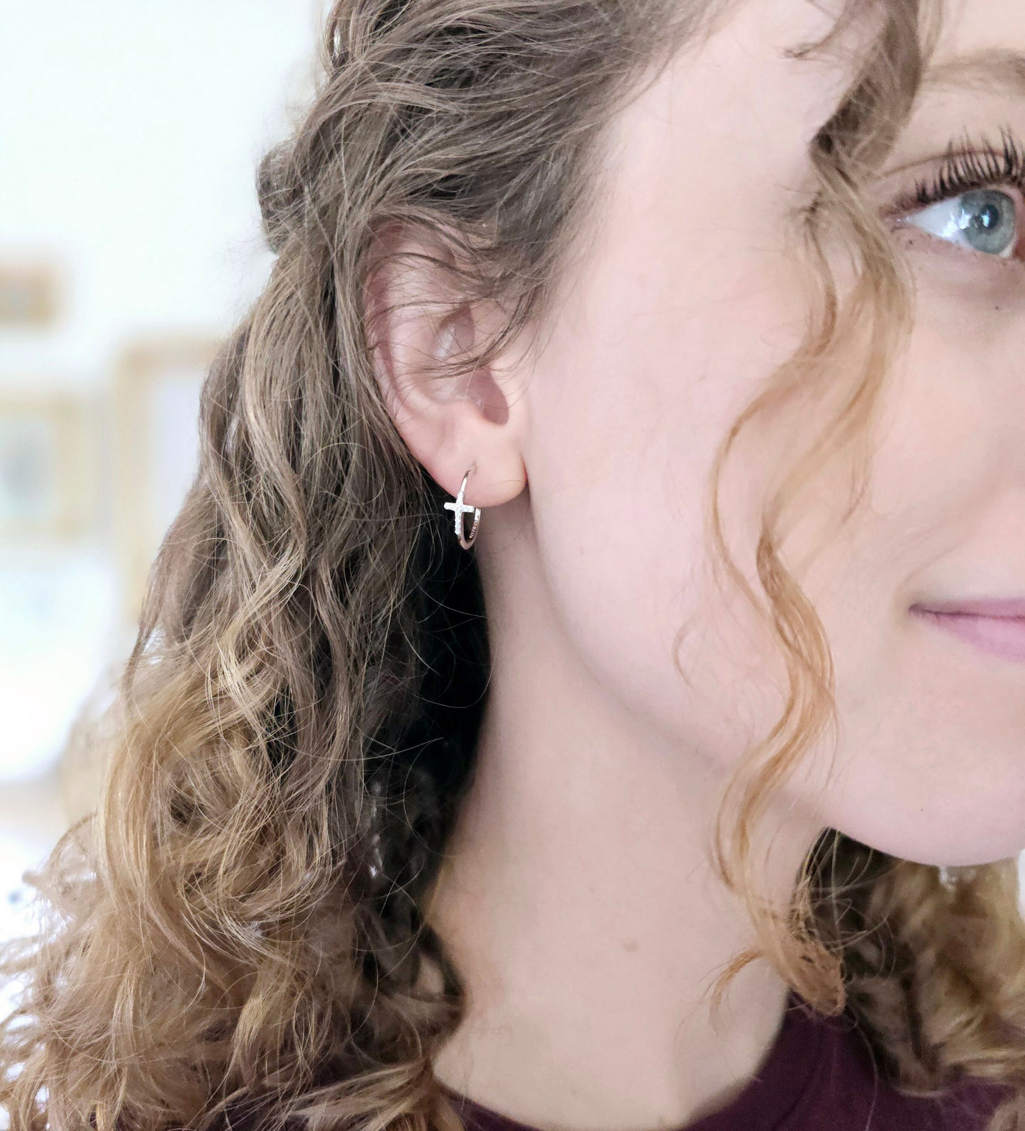 Sterling Silver CZ Cross Hoop Post Earrings