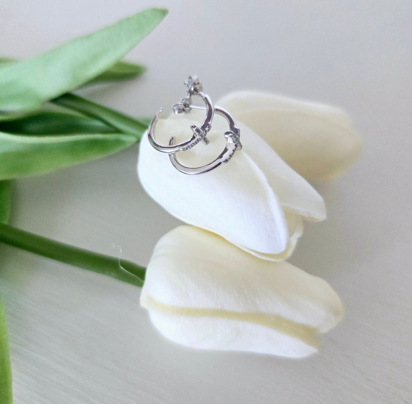 Sterling Silver CZ Cross Hoop Post Earrings