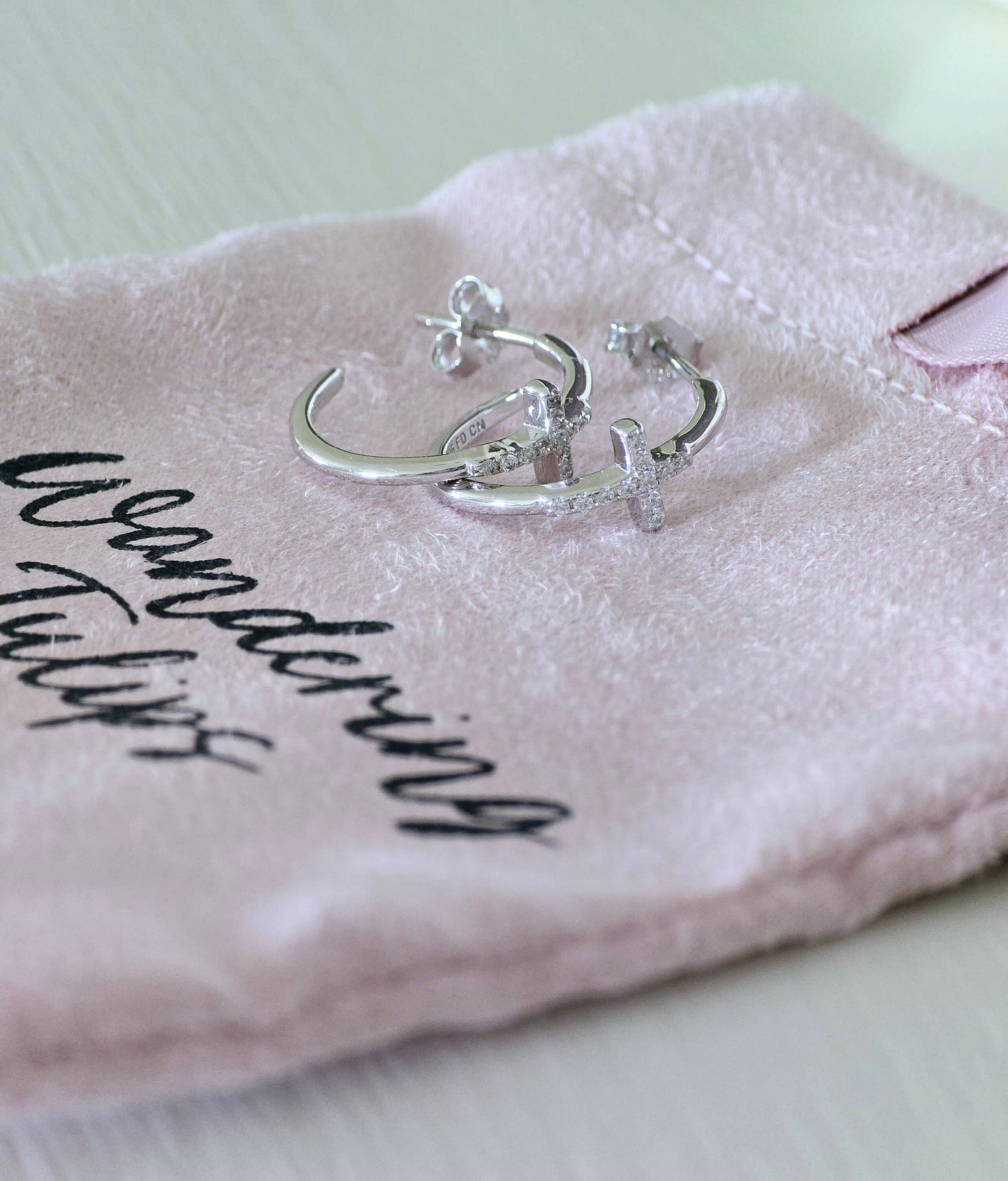 Sterling Silver CZ Cross Hoop Post Earrings