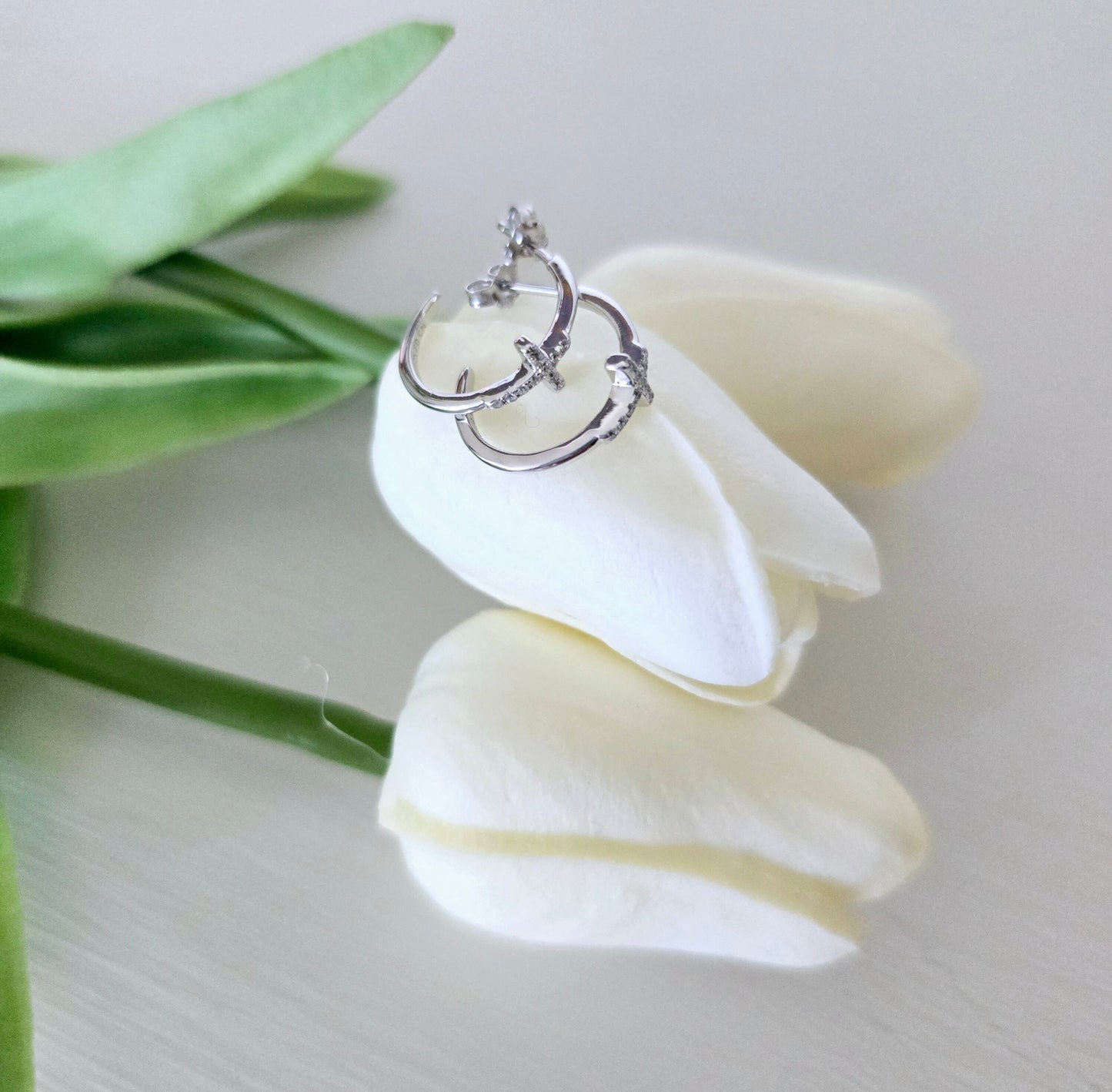 Sterling Silver CZ Cross Hoop Post Earrings