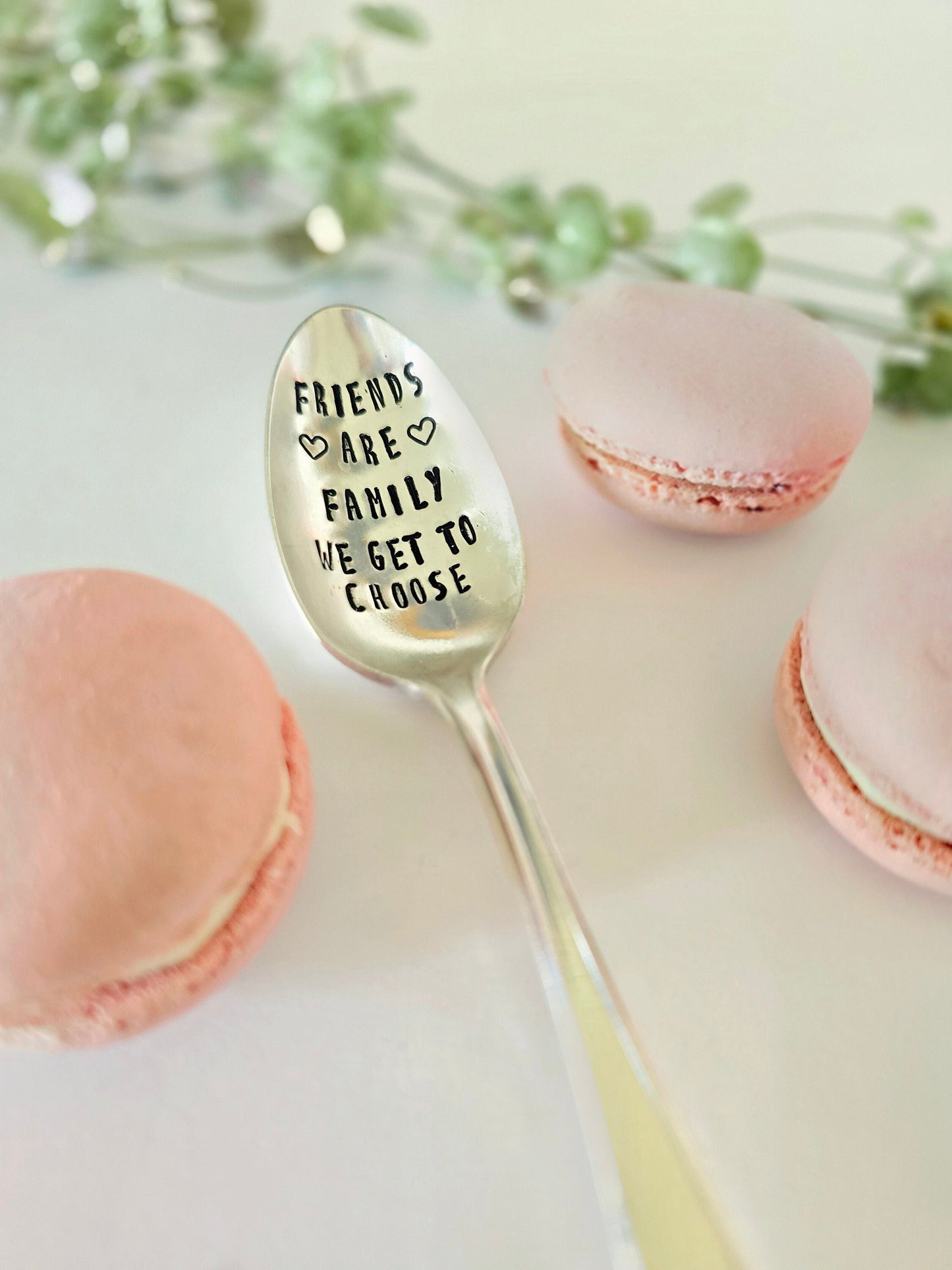Vintage silver plated handstamped teaspoon,friends are family we get to choose. Spoon will be placed in a felt bag, along with a free waterproof sticker.
