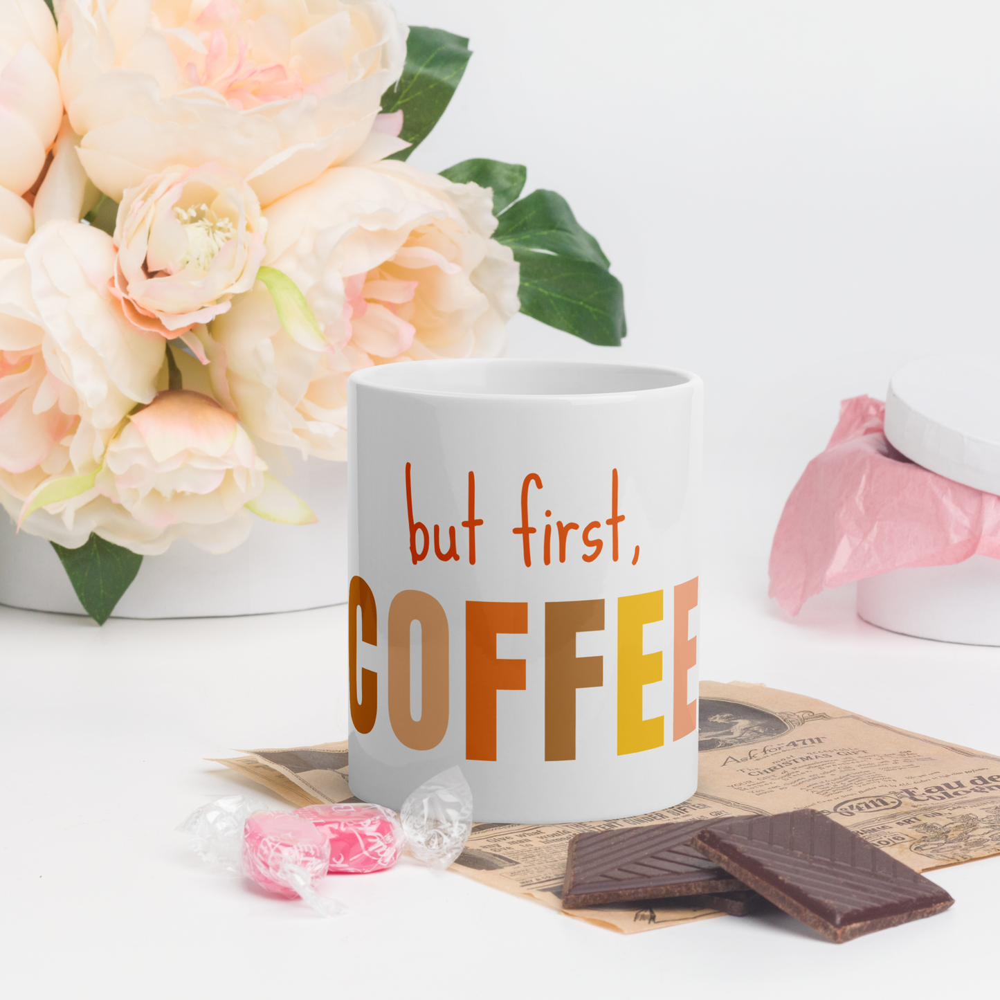 But First Coffee White Glossy Mug | Wandering Tulips
