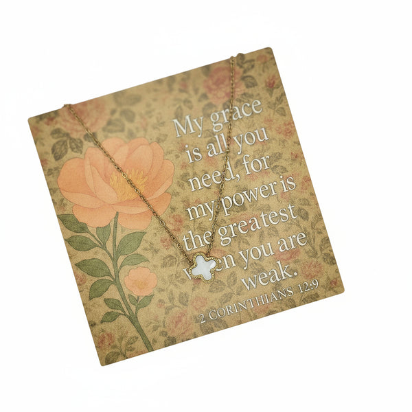 2 Corinthians 12:9 card with cross necklace