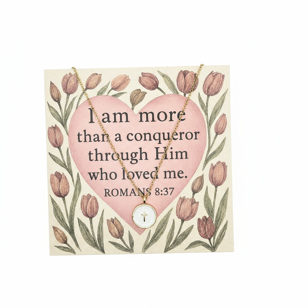 Romans 8:37 card with cross necklace