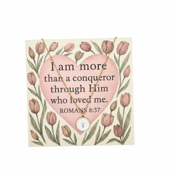 Romans 8:37 card with cross necklace