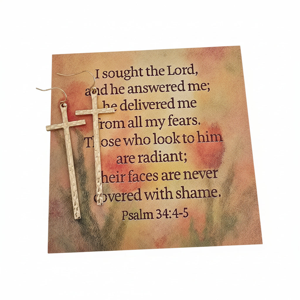 Psalm 34:4-5 card with cross earrings