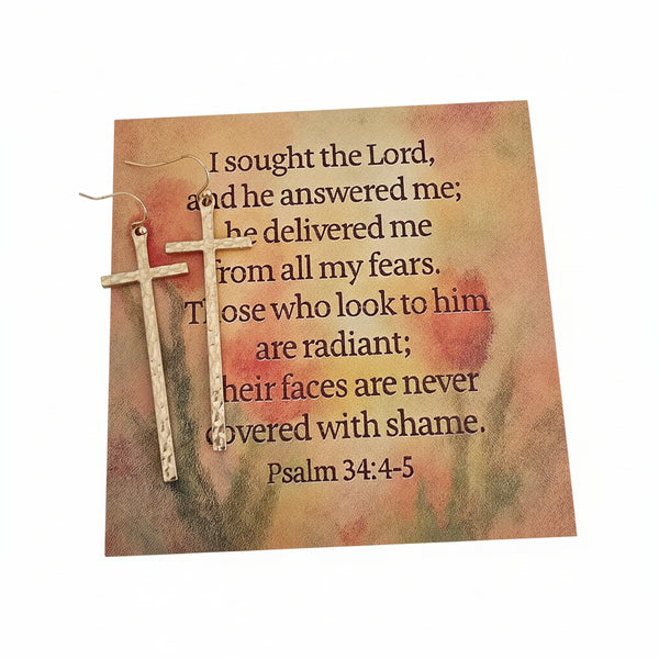 Psalm 34:4-5 card with cross earrings