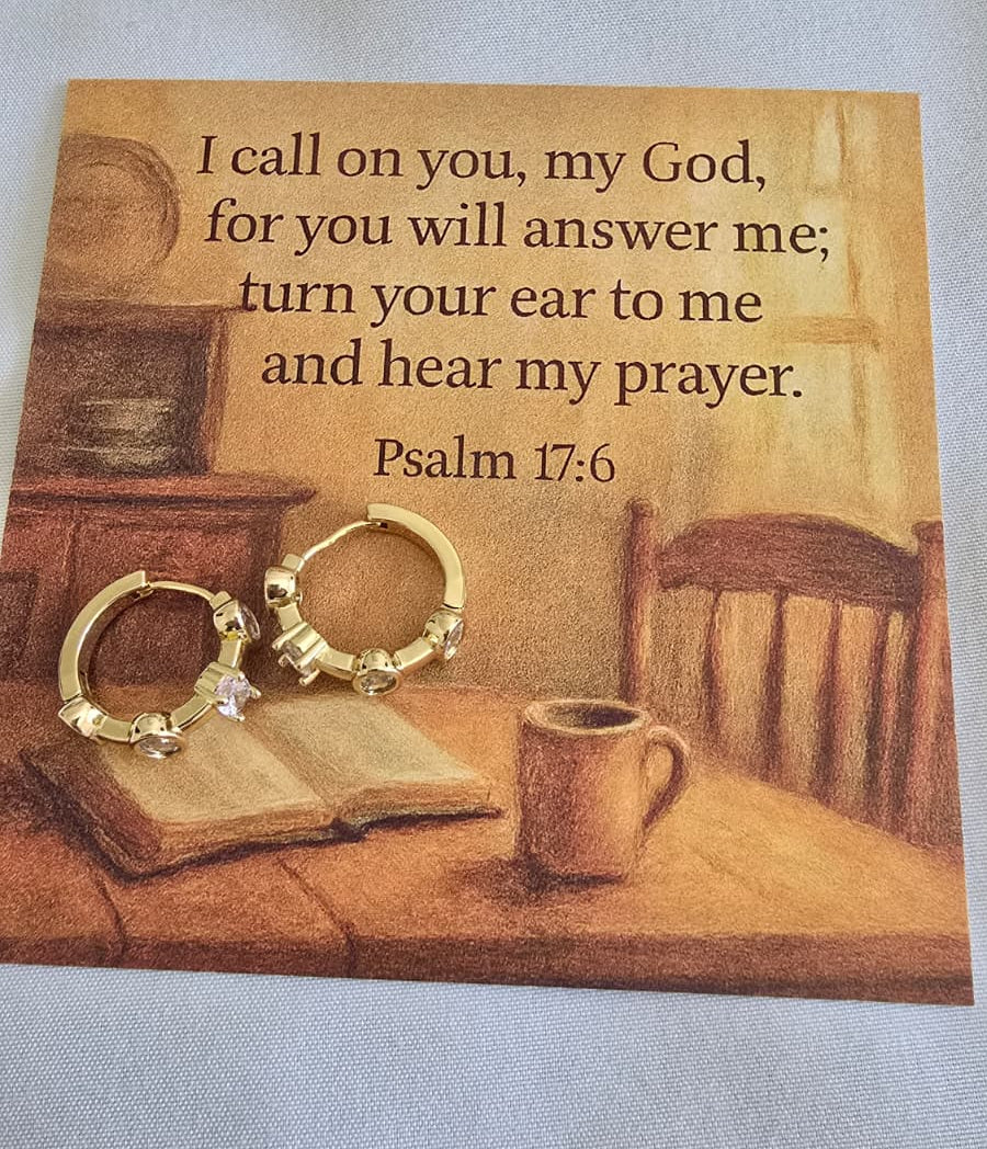 Earrings on scripture card 