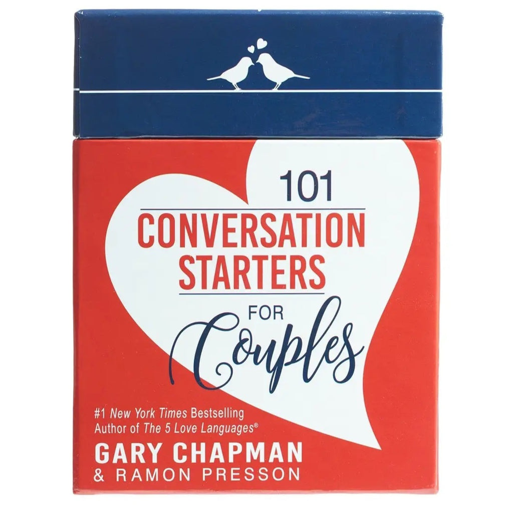 Cards titled '101 Conversation Starters for Couples' by Gary Chapman and Ramon Pressson with a red and blue design.