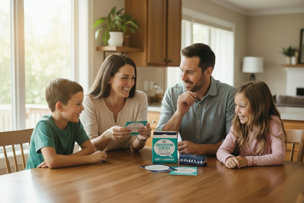 Conversation starter cards for families with blue and teal packaging on a white background