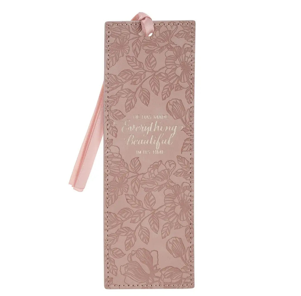 Floral embossed bookmark with pink ribbon on a white background with scripture 