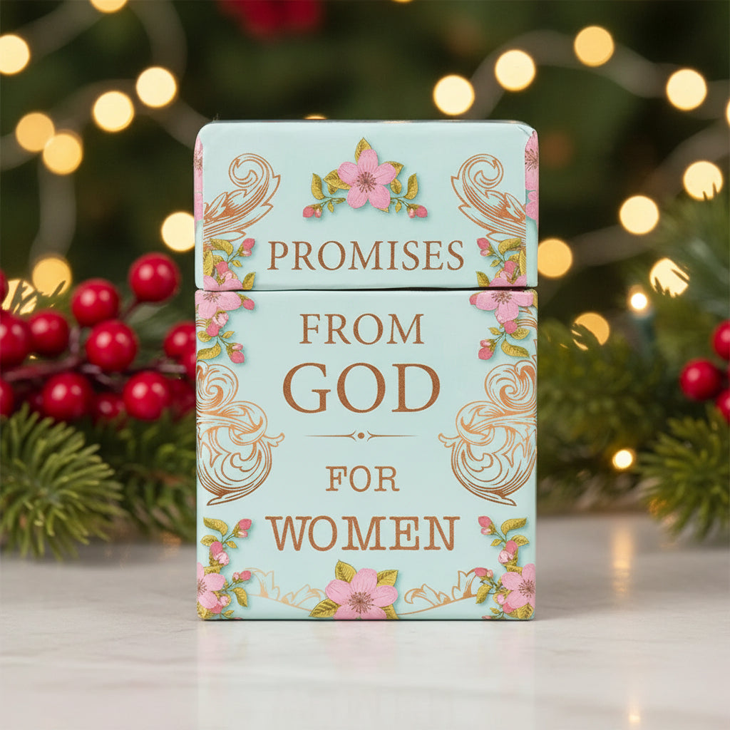 Daily cards with 'Promises from God for Women' text and floral designs on a light blue background