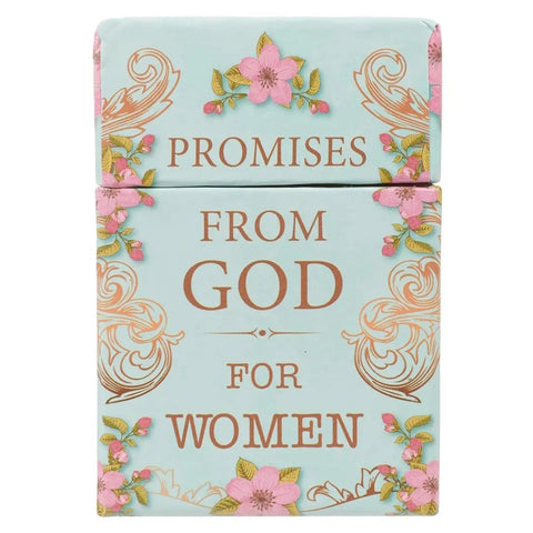 Daily cards with 'Promises from God for Women' text and floral designs on a light blue background