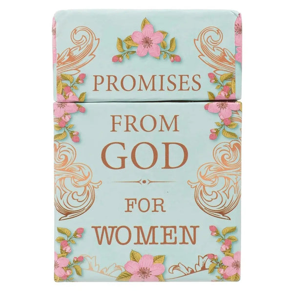 Box with 'Promises from God for Women' text and floral designs on a light blue background