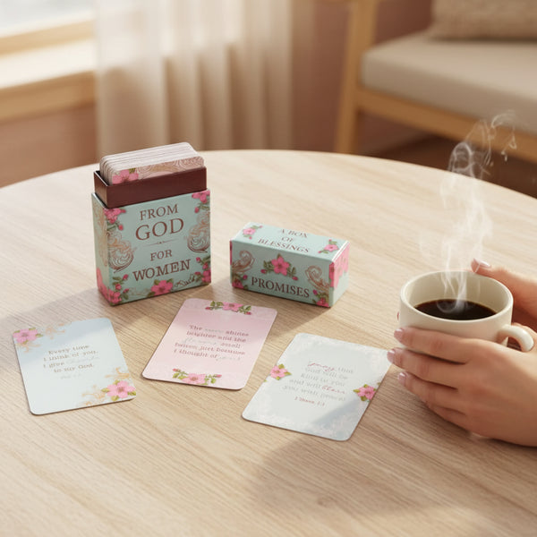 Set of cards with floral designs and text, including a box labeled 'A Box of Blessings Promises'.