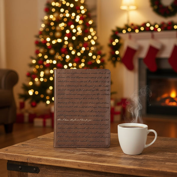 Brown leather notebook with engraved For I Know The Plans I Have For You on a white background