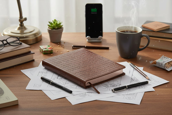 Brown leather notebook with embossed text on a white background
