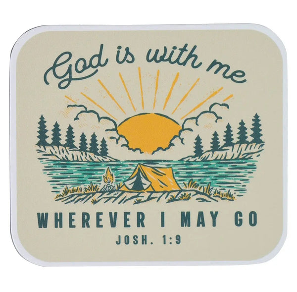 Magnet with camping design and 'God is with me wherever I may go' text