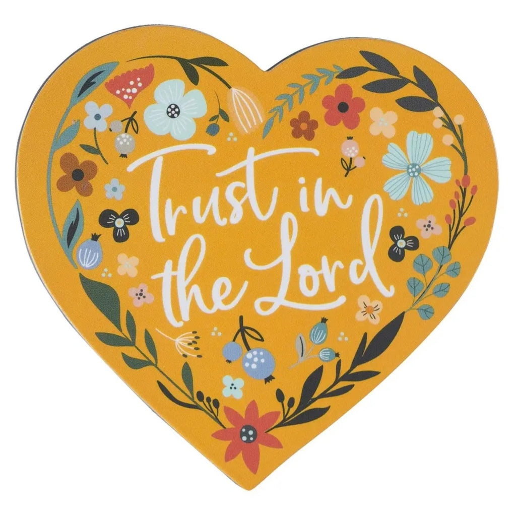 Heart-shaped magnet with floral design and 'Trust in the Lord' text on a yellow background