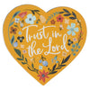 Heart-shaped magnet with floral design and 'Trust in the Lord' text on a yellow background