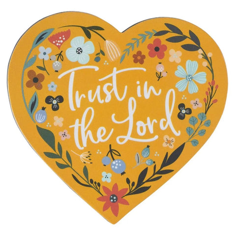 Heart-shaped magnet with floral design and 'Trust in the Lord' text on a yellow background