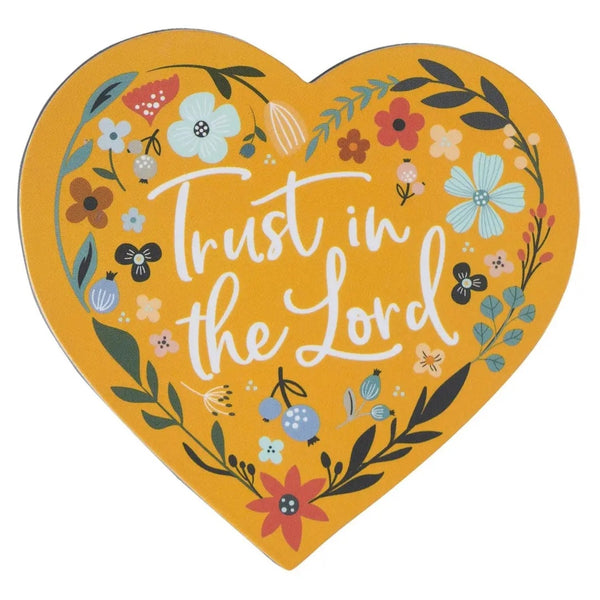 Heart-shaped magnet with floral design and 'Trust in the Lord' text on a yellow background