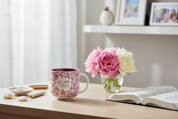 Mug with floral design and 'Be Still & Know' text on a white background