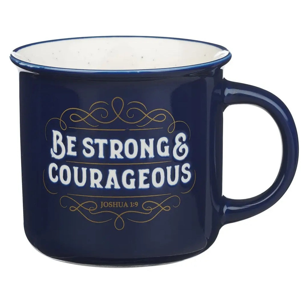 Navy blue mug with 'Be Strong & Courageous' text on a white background