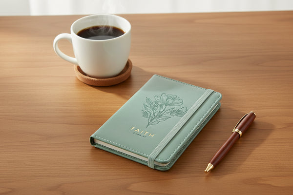 Green notebook with floral design and 'FAITH' text on a white background