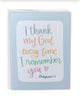 Greeting card with text 'I thank my God every time I remember you' on a light blue background
