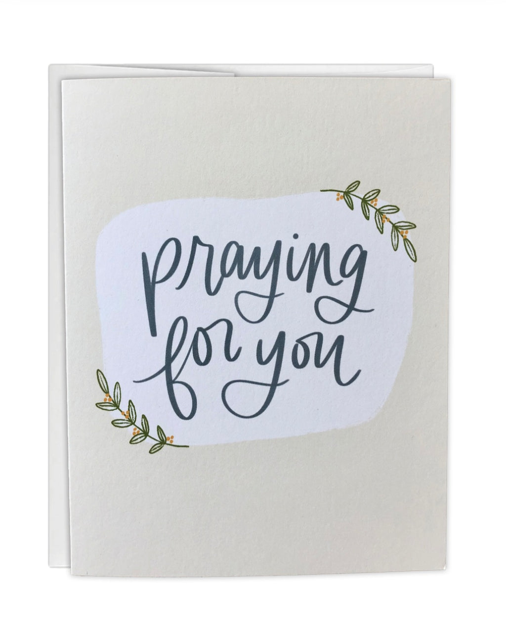 Greeting card with 'Praying for you' text on a white background
