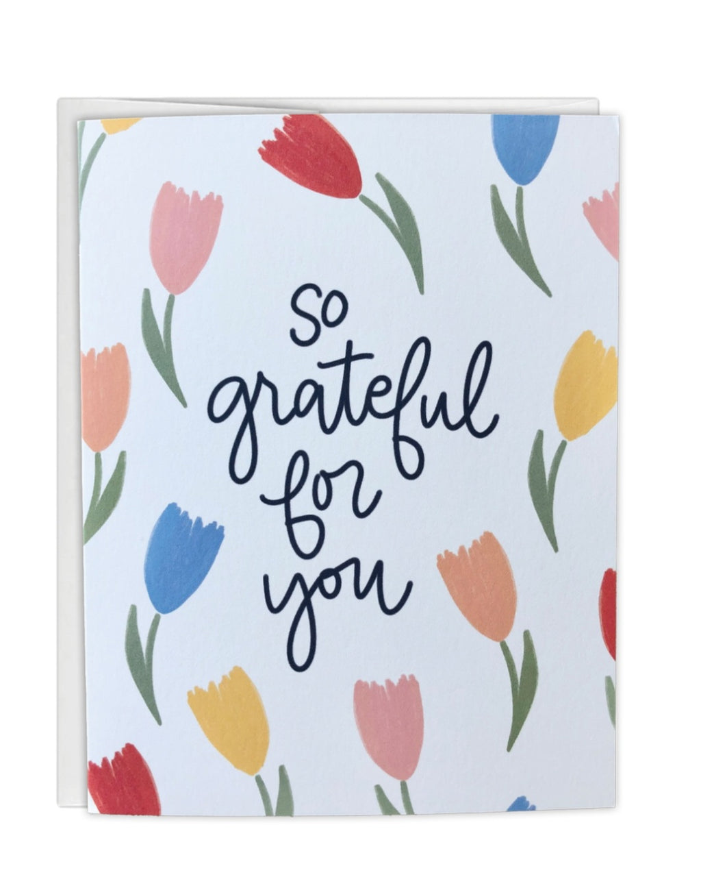 Greeting card with floral design and 'So grateful for you' text on a white background