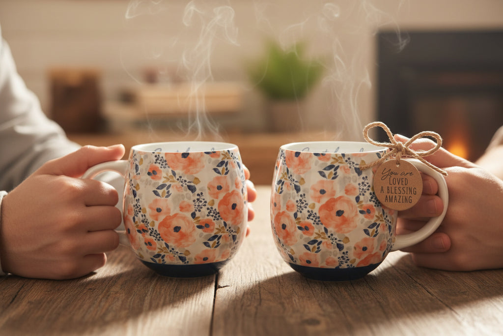 Floral mug with a decorative tag on a white background