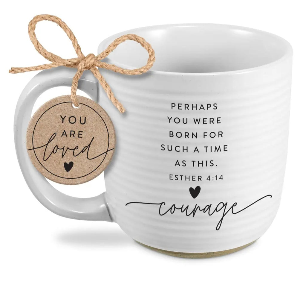 White mug with motivational quote and tag, tied with twine on a white background