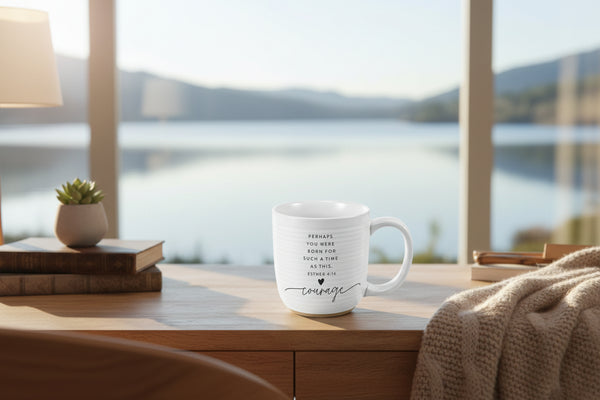 White mug with motivational quote on a white background