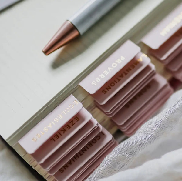 Set of pink lip glosses with gold text on a white surface Bible tabes