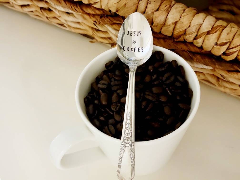 Jesus & Coffee Hand Stamped Vintage Teaspoon, Coffee Spoon, Custom Gift, Personalized Gift,ready to ship, gift for coffee lover