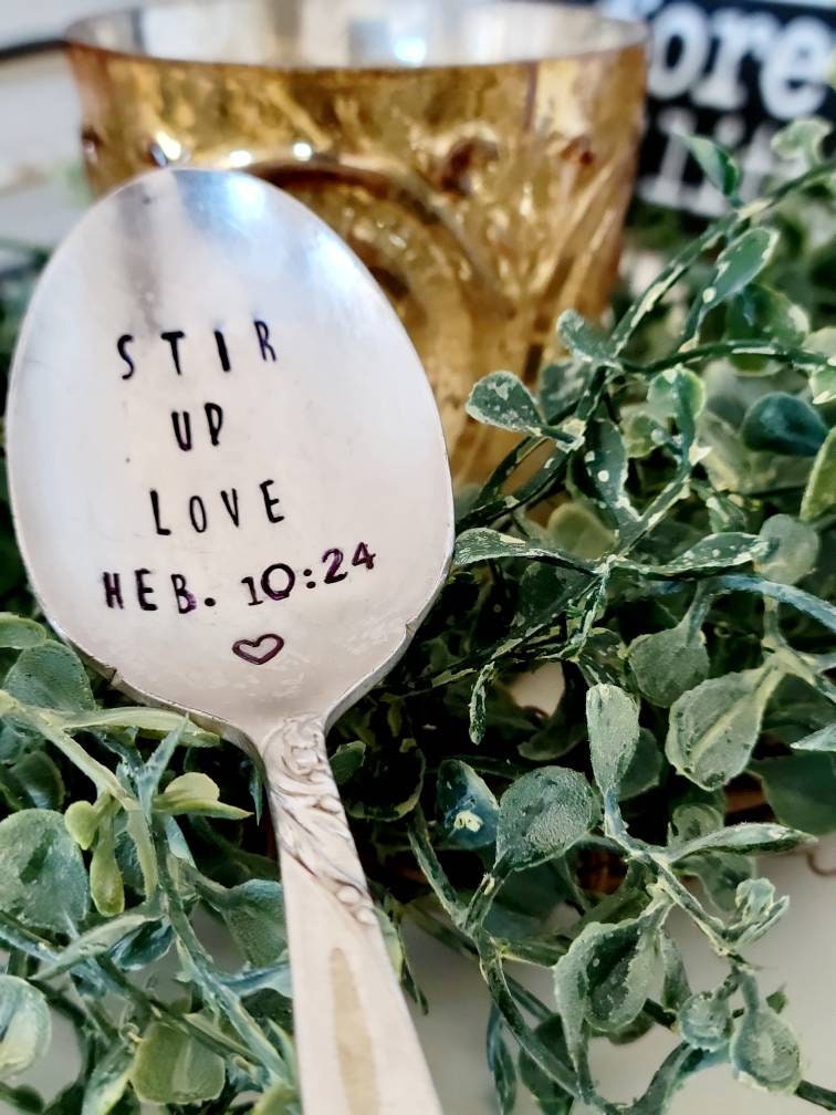 This listing is for a beautiful vintage silver plated soup spoon. Stir Up Love Hebrews 10:24 It will arrive ready to be gifted.