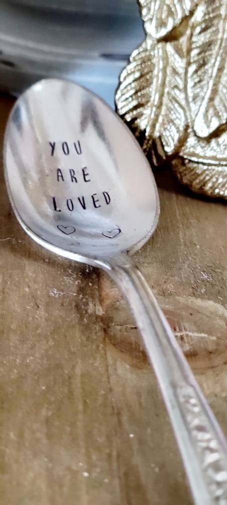 This is a beautiful vintage silver plated teaspoon that I stamp one letter at a time. It comes packaged ready to gift.