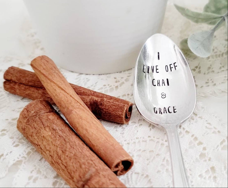 I Live Off Chai And Grace Vintage Silver-plated Teaspoon, chai lover,tea lover,gift for tea lover,grace and chai,gift for her,gift for wife