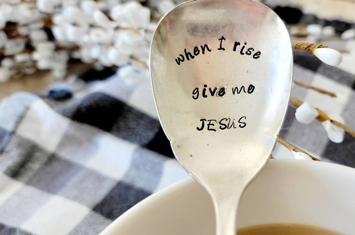 when I rise give me Jesus vintage hand stamped silver plated teaspoon