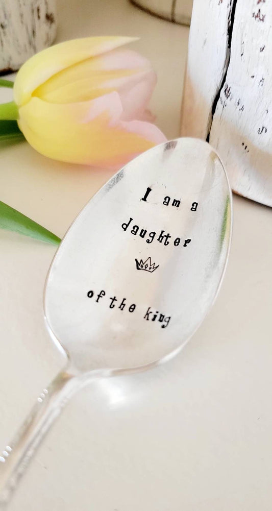 This is a beautiful vintage silver plated large soup spoon that I stamp one letter at a time. It comes packaged ready to gift. Daughter of God,daughter of the king