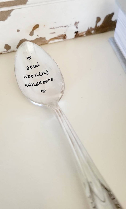 good morning handsome,vintage spoon gift,gift for husband,birthday gift for husband,unique gift for husband,coffee spoon for husband,stamped spoon